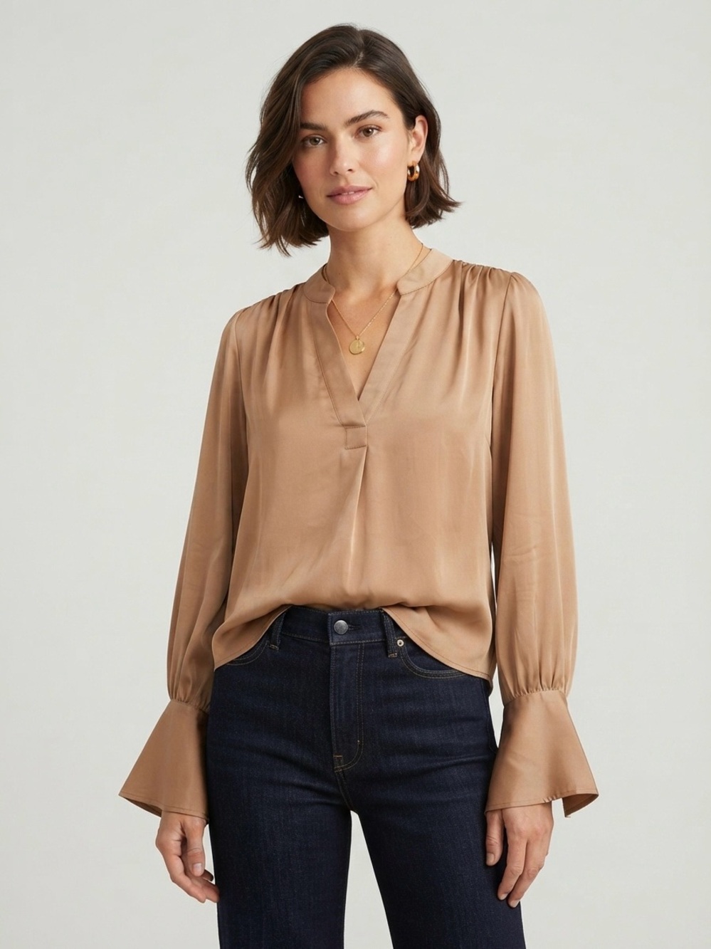 Banana Republic Women's Tan Long Sleeve Volume Blouse - Size Medium